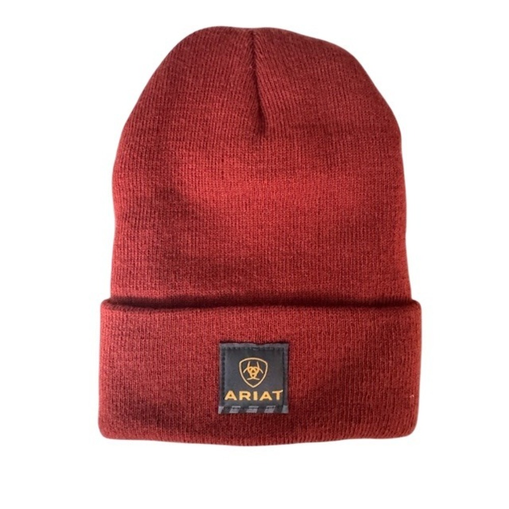 NWOT Ariat‎ Beanie Hat Knit Cuffed Winter Cap Red Logo Patch
